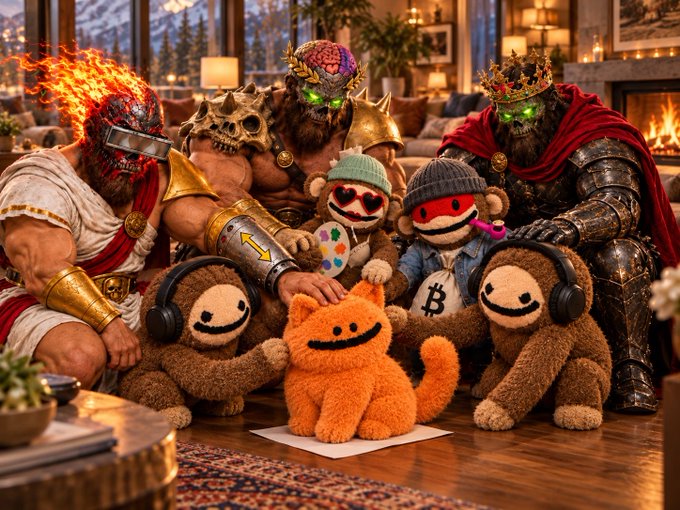 A group of muscular warrior figures, including one with a flaming skull helmet and others in golden crowns, gather around several plush toys in a cozy living room setting.