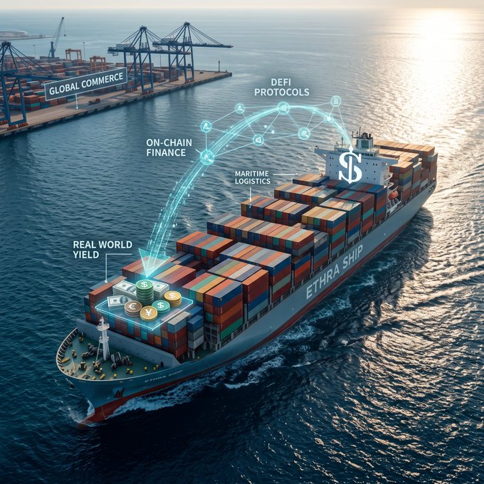 A digital rendering of a large cargo ship labeled 'ETHRA SHIP' sailing on the ocean, with holographic overlays depicting 'Global Commerce,' 'DeFi Protocols,' 'On-Chain Finance,' 'Maritime Logistics,' and 'Real World Yield.'