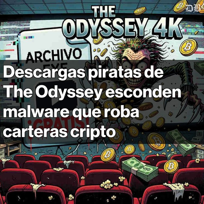 A graphic with the text "THE ODYSSEY 4K" and "Descargas piratas de The Odyssey esconden malware que roba carteras cripto" over an illustration of a creepy creature in a movie theater.