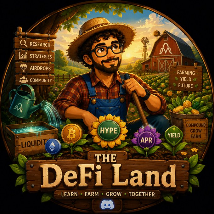A cartoon farmer wearing glasses tends to a vibrant farm-themed scene for "The DeFi Land," with surrounding elements representing core DeFi concepts like Liquidity, HYPE, APR, Yield, and Farming, alongside menu options for Research, Strategies, Airdrops, and Community.

The image visually mirrors the post's themes by transforming DeFi participation into a farming metaphor—where community, strategy-sharing, and learning "grow" together like crops, fitting the author's focus on HyperEVM (highlighted by the HYPE flower) and their desire to cultivate a collaborative DeFi knowledge hub.