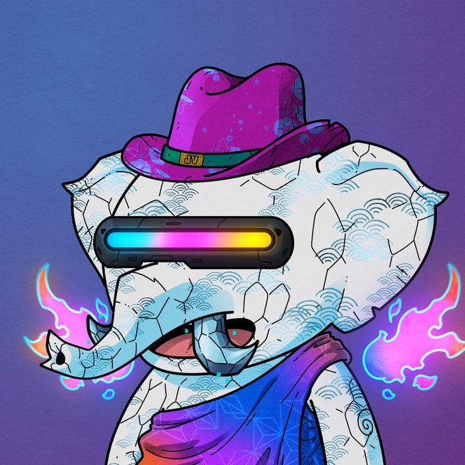 A digital illustration of an elephant character wearing a pink cowboy hat with "K.T" on the band, futuristic VR-style goggles, and a scarf, set against a blue background with pink flames.