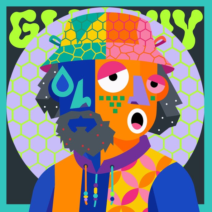 A colorful digital illustration of a stylized bearded man wearing a patterned bucket hat, featuring geometric shapes, a half-blue and half-orange face, and the text "GLOVY" in green at the top corners.