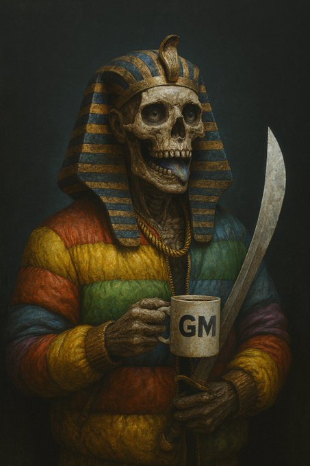 A skeletal pharaoh wearing an Egyptian headdress and a colorful puffer jacket holds a mug labeled "GM" and a scimitar. The mummy-like figure embodies the "GM" (Good Morning) Web3 meme, fitting the post's "Good morning web3, Happy Thursday morning" greeting.