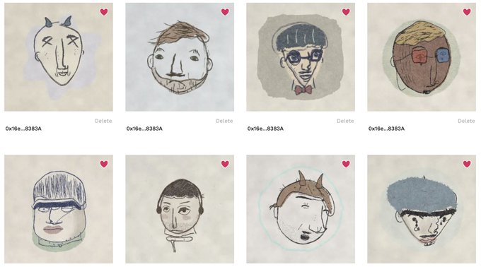 A grid displays eight hand-drawn, minimalist character portraits with simple features and varied hats, each marked with a heart icon and the ID '0x16e...8383A' with a 'Delete' option.
