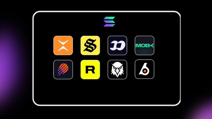The image shows a collection of 8 cryptocurrency project icons under the Solana logo, representing various tokens including XRP, S (likely Sonic), D (Dogecoin), MOB (MobileCoin), a stroked circle symbol, R (likely Radium), a hooded figure, and a yellow circle symbol. The layout serves as a visual "starter pack" graphics for the accompanying post about essential Solana ecosystem projects.