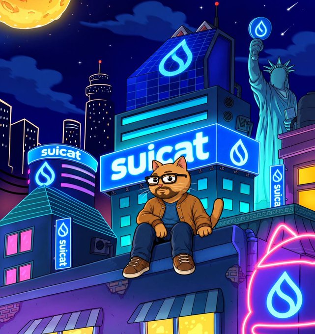 A vibrant cartoon illustration of a cat character wearing a brown jacket and glasses sitting on a rooftop in a neon-lit cyberpunk city, with 'SUICAT' branding and Statue of Liberty visible.