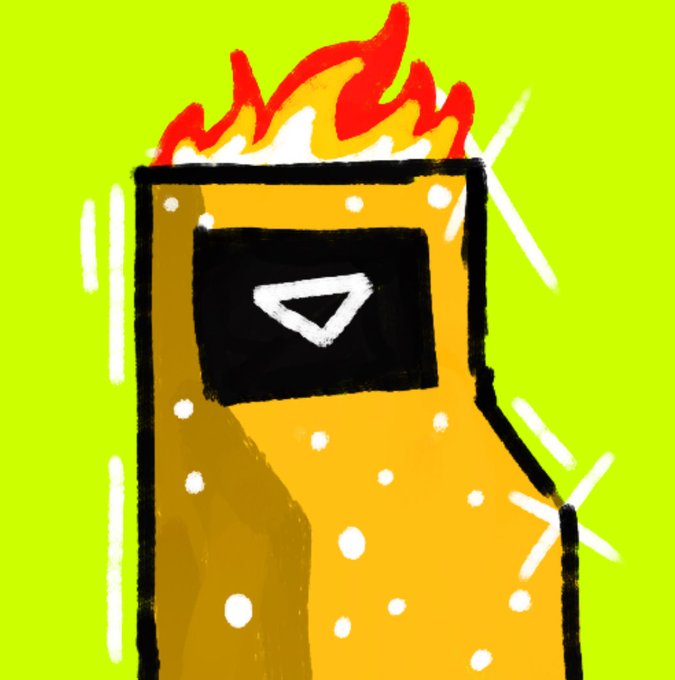 A stylized digital illustration of a yellow arcade cabinet with a flame design on top, featuring a play button triangle on its screen, set against a vibrant green background. The fiery imagery metaphorically represents the "best flywheel" and "fastest burn" qualities highlighted in the post about $PRINTER, suggesting the token is "hot" and performing powerfully.