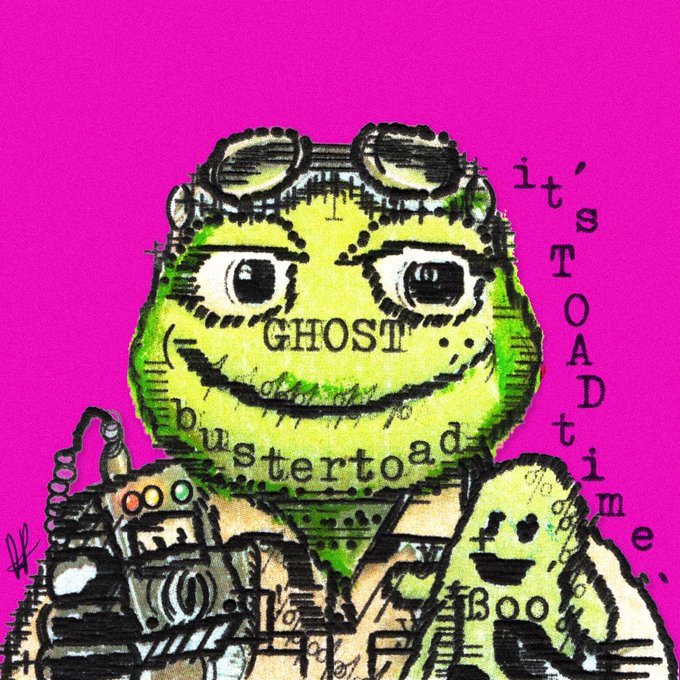A vibrant pink-background digital illustration of a green frog-like character wearing aviator goggles, with the words 'GHOST', 'bustertoad', and 'it's TOAD time!' arranged around it.