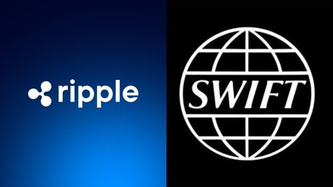 The image is a split graphic showing the Ripple logo on the left against a blue background and the SWIFT logo on the right against a black background. This visually represents the newly announced partnership between Ripple Treasury and SWIFT, which connects Ripple's blockchain-based payment infrastructure to SWIFT's massive $12.5 trillion+ global payments network.