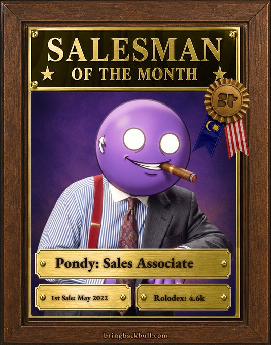 A 'Salesman of the Month' award plaque featuring a purple balloon-headed character in business attire smoking a cigar, labeled 'Pondy: Sales Associate' with 1st Sale May 2022 and Rolodex: 4.6k.
