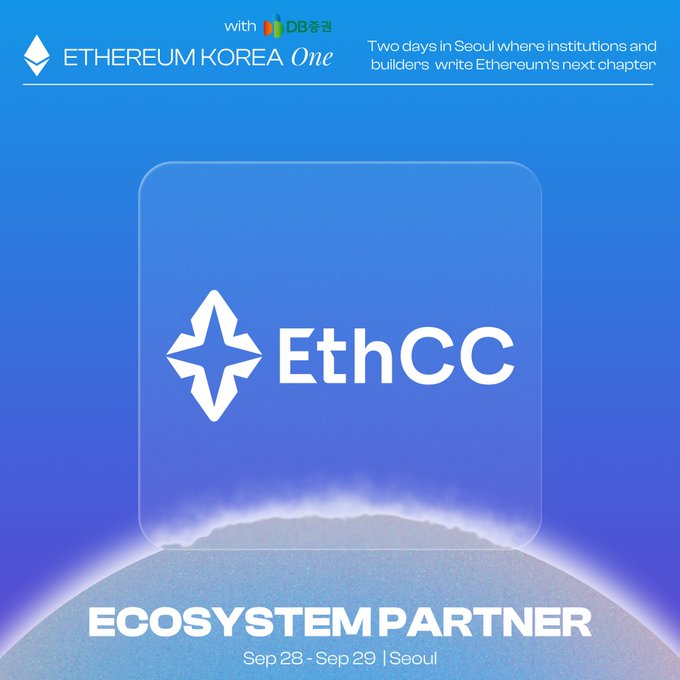 A digital promotional poster for 'EthCC' with Ethereum Korea and DB logos, displaying 'Two days in Seoul where institutions and builders write Ethereum's next chapter,' an 'ECOSYSTEM PARTNER' label, and the dates 'Sep 28 - Sep 29 | Seoul'.