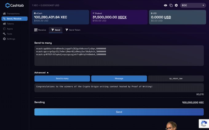 A screenshot of the Cashtab cryptocurrency wallet interface (1 XEC = 0.0000497 USD) showing balances of 100,280,431.84 XEC ($498.50), 31,500,000.00 XECX ($156.00), and 0.0000 USD, with a "Send to many" transaction form and a message referencing the Crypto Origin writing contest by Proof of Writing.