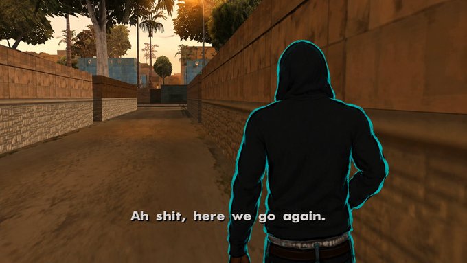 A video game screenshot shows a character in a black hoodie from behind, with the subtitle reading 'Ah shit, here we go again.'