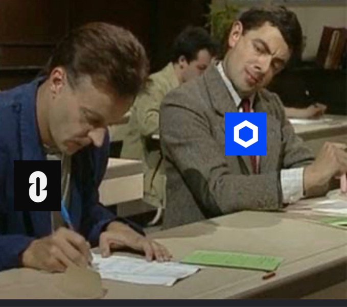 A scene from Mr. Bean showing Rowan Atkinson sitting next to another man in a classroom, with Polygon (MATIC) and 0x logo overlays on the image.