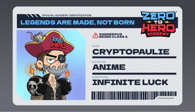A digital 'Zero to Hero Academy' ID card featuring a cartoon pirate with a rat on his hat, identifying the user as 'CRYPTOPAULIE' with the archetype 'Anime' and superpower 'Infinite Luck'.