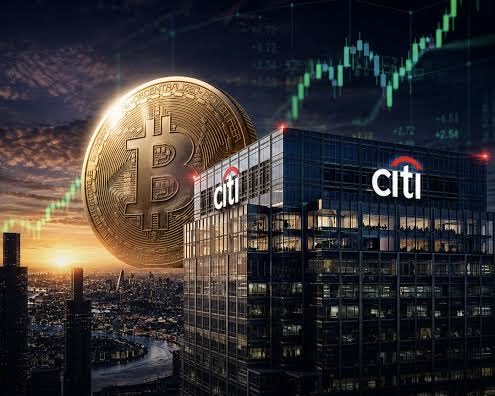 The image features a golden Bitcoin coin overlaid on a Citi bank building, set against a city skyline at sunset with a green upward-trending stock chart in the background, visually representing Citi's entry into Bitcoin custody services as highlighted in the accompanying post.