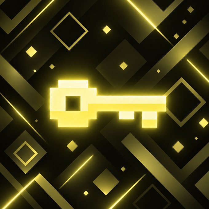 A glowing golden pixelated key floats against a black background filled with geometric diamond shapes, symbolizing access or unlocking. The image ties to the post's "Calling all Architects" message by visually representing the key (or unlock) to a crypto project, inviting viewers to "get stonked" and join in.