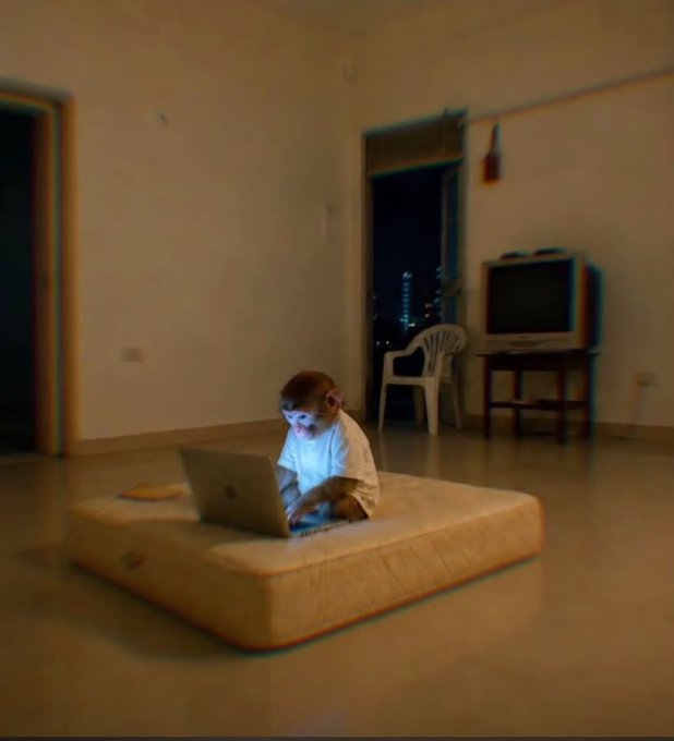 A small monkey wearing a white t-shirt sits on a mattress in an empty room, typing on a laptop with a TV and chair visible in the background.