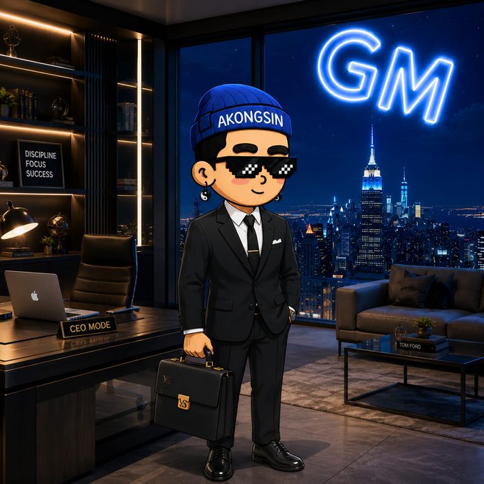 Digital illustration of a cartoon character in a black suit, pixelated sunglasses, and blue 'AKONGSIN' beanie holding a briefcase in a luxury high-rise office with 'GM' neon sign and 'CEO MODE' desk sign.