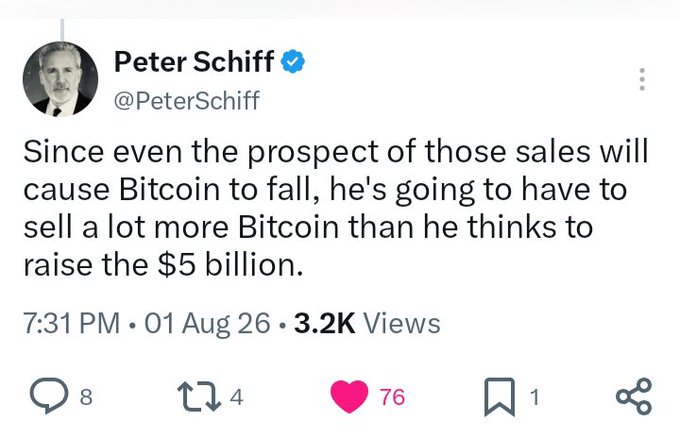 A tweet from Peter Schiff (@PeterSchiff) dated August 1 reads: "Since even the prospect of those sales will cause Bitcoin to fall, he's going to have to sell a lot more Bitcoin than he thinks to raise the $5 billion." The image directly supports the accompanying post by illustrating Schiff's skeptical view of a Bitcoin holder needing to liquidate holdings, framing it as a desperate "boat needing cash" rather than the ocean (Bitcoin market) needing the asset.