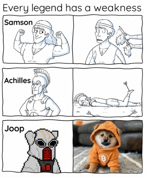 A comic titled 'Every legend has a weakness' comparing the weaknesses of Samson, Achilles, and 'Joop' (showing pixel art and a Shiba Inu dog in a Bitcoin hoodie).