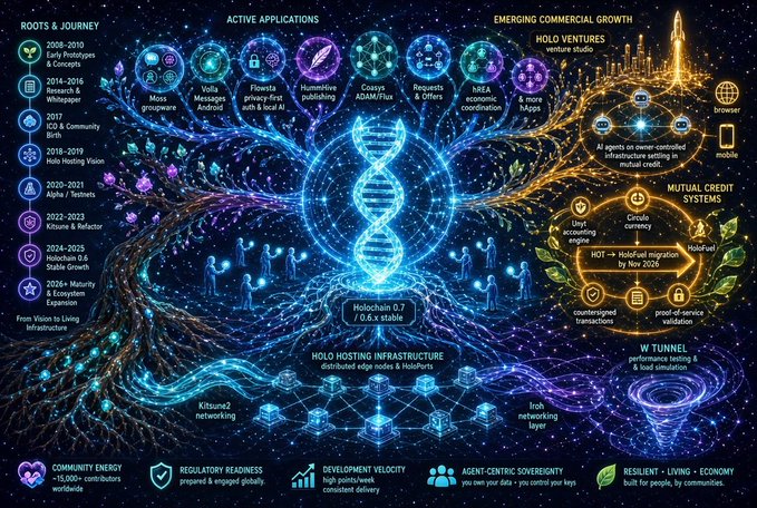 Infographic illustrating the Holochain ecosystem roadmap, featuring a central DNA helix labeled 'Holochain 0.7/0.6.x stable' surrounded by categories including Roots & Journey, Active Applications, Holo Ventures, Mutual Credit Systems, and Holo Hosting Infrastructure.