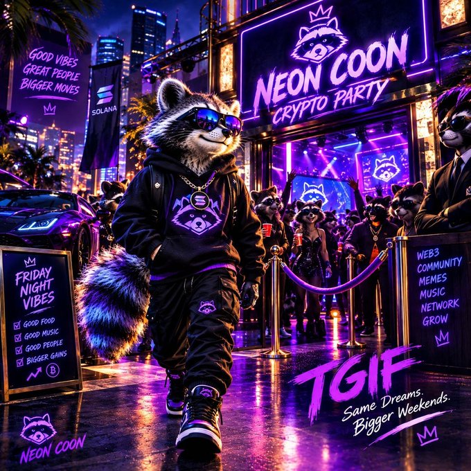 Vibrant neon-lit digital artwork for a 'Neon Coon Crypto Party' featuring an anthropomorphic raccoon character wearing sunglasses and a hoodie with Solana branding, surrounded by neon signs reading 'Good Vibes Great People Bigger Movies' and 'TGIF - Same Dreams Bigger Weekends.'