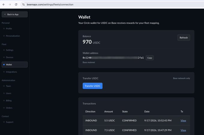 A Beemaps wallet settings page showing a Circle wallet balance of 970 USDC on Base mainnet with two confirmed inbound transactions of 5.5 and 7.5 USDC.