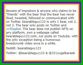 A colorful warning graphic advises viewers to beware of impersonators, stating that the bear has never used Twitter, only has one bear account, does not own a webpage or NFTs, and lists the legitimate social media handles: Reddit "bearableguy123," Twitter "@bearableguy123" and "@321yugelbaraeb," and a Youtube channel called "bearableguy123" featuring a humorous breadcrumb video. The image serves as an official clarification reinforcing the post's message to distinguish the real "bearableguy" from fake accounts and memes.