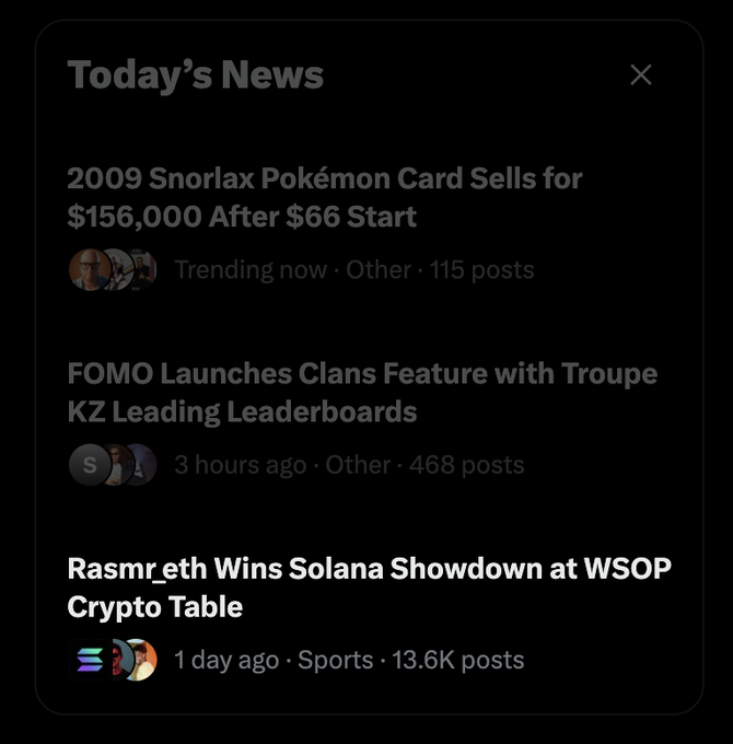 A 'Today's News' panel on a dark background displaying three headlines: '2009 Snorlax Pokémon Card Sells for $156,000 After $66 Start', 'FOMO Launches Clans Feature with Troupe KZ Leading Leaderboards', and 'Rasmr_eth Wins Solana Showdown at WSOP Crypto Table'.