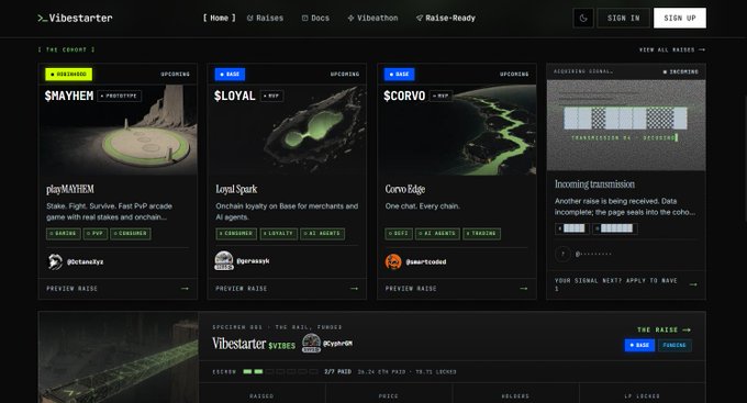 The Vibestarter Vibecoin platform homepage displaying raising projects like $MAYHEM (playMAYHEM), $LOYAL (Loyal Spark), and $CORVO (Corvo Edge).