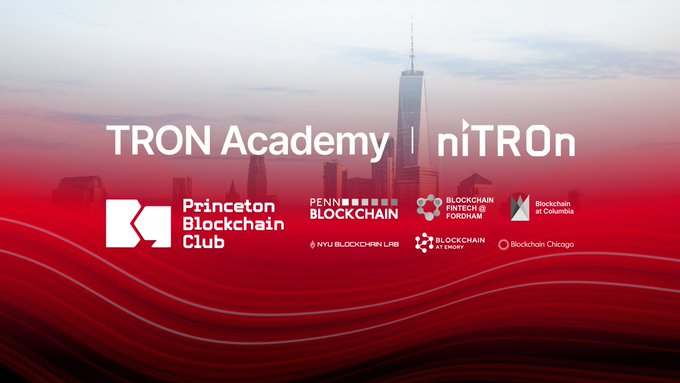 The image features a red banner that says "TRON Academy" at the top with various logos below it, including "Princeton Blockchain Club", "New York", and "ETHConf". The text also mentions an event called "ETHGlobal New York hackathon" held on June 8-10 in New York.