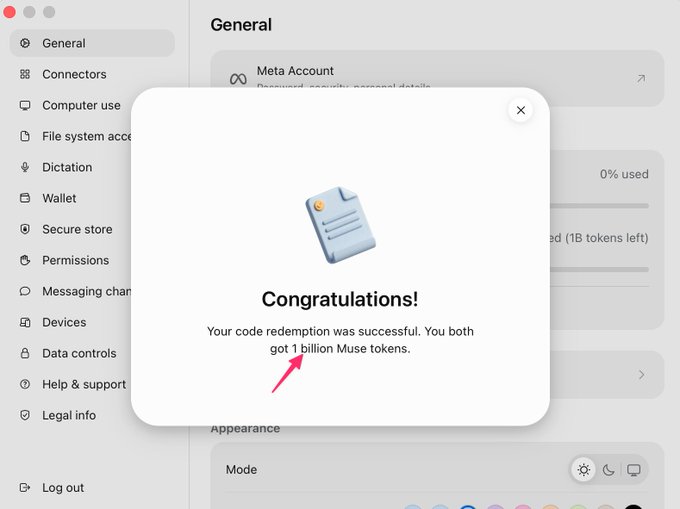 A screenshot of a settings menu with a pop-up message reading 'Congratulations! Your code redemption was successful. You both got 1 billion Muse tokens.'