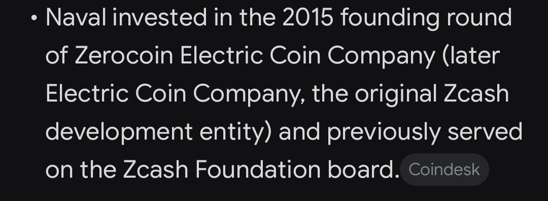 Text excerpt stating 'Naval invested in the 2015 founding round of Zerocoin Electric Coin Company (later Electric Coin Company, the original Zcash development entity) and previously served on the Zcash Foundation board.' credited to Coindesk.