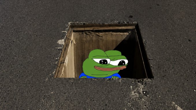A digitally edited image shows the Pepe the Frog meme peeking out of an open storm drain on an asphalt road, with no visible text. The post's reference to "few are roaming" humorously ties into the image by suggesting Pepe—often associated with crypto/internet culture—has emerged from the underground, evoking a web3 community joke about Pepe lurking beneath the surface.