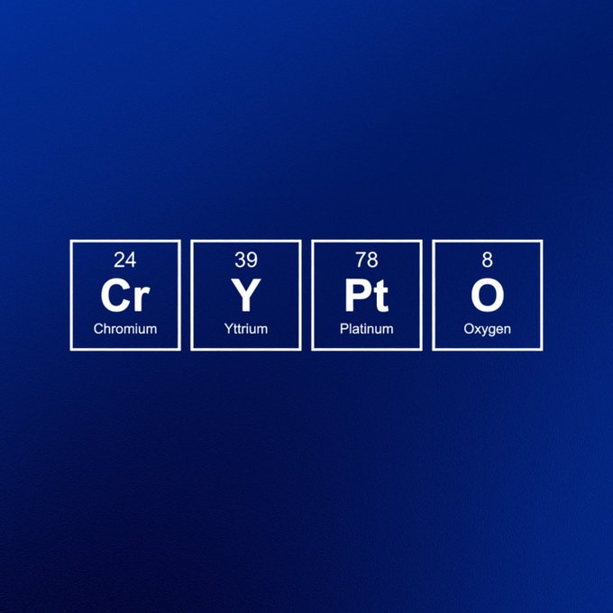 The image shows four periodic table element tiles—Chromium (24, Cr), Yttrium (39, Y), Platinum (78, Pt), and Oxygen (8, O)—spelling out "CRYPTO" against a blue background, cleverly tying the scientific formula pun to a cryptocurrency theme.