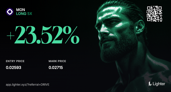 A dark financial promotional graphic for 'MON LONG 5X' shows a +23.52% gain with an entry price of 0.02593 and mark price of 0.02715, featuring a bearded man's face, a QR code, and the Lighter app branding with a referral link.
