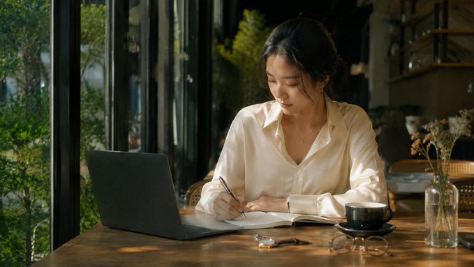 A young woman in a cream-colored blouse sits at a wooden table working on a laptop while writing in a notebook, with a coffee cup and small vase beside her in a warmly lit café setting.
