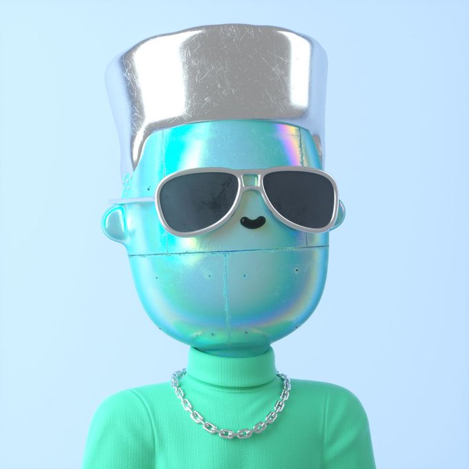 3D render of a futuristic chrome/iridescent robotic figure wearing aviator sunglasses, a green shirt, and a silver chain necklace.