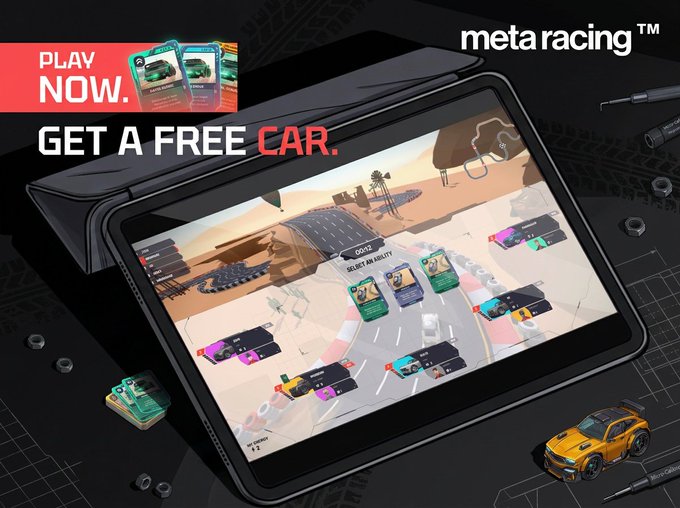 A promotional advertisement for 'Meta Racing' showing a tablet displaying a racing game with various cars, alongside a 'PLAY NOW' banner, 'GET A FREE CAR' text, and small car collectibles scattered on the dark background.
