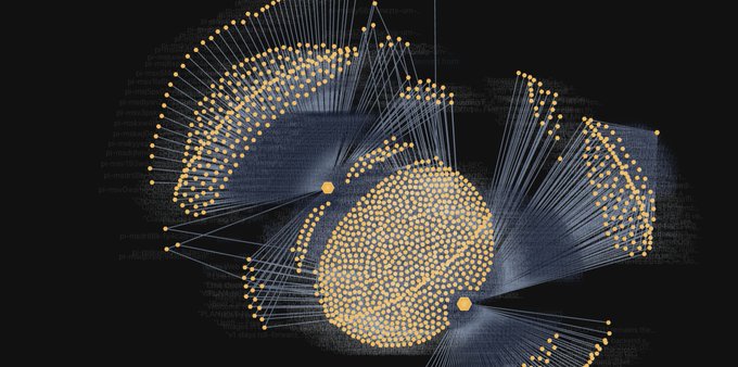 An abstract digital graphic featuring interconnected golden nodes and lines forming spherical and orbital patterns against a dark blue background with faint code-like text.