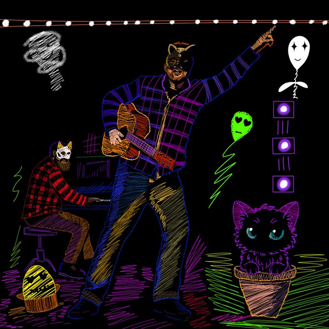 A vibrant, neon-colored sketch on a black background depicting a band performing: a masked man playing guitar in the center, a cat-masked figure on keyboard to the left, and a purple kitten in a pot to the right, surrounded by floating shapes.
