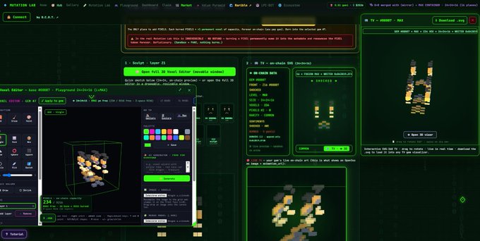 The image shows the Mutation Lab interface at the NFT Analysis Terminal (B.R.O.T.S.), where a user is configuring a 24x24x16 voxel test to generate a new BRKT token ticker (TF -> AUGUST - MAX), with the top section warning about free minting limits per wallet and the right panel displaying the downloaded SVG voxel grid for the created token.