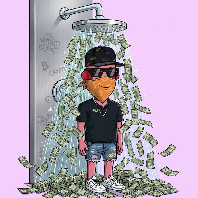 A cartoon character wearing a backwards "WAGMI" cap, sunglasses, and a black t-shirt stands beneath a showerhead raining cash, surrounded by stacks of money and graffiti reading "NOVO CRYPTO," "CRYPTO," and "WAGMI" on the wall—visually capturing the optimistic, meme-driven spirit of the post's "WE ARE ALL GONNA MAKE IT WITH NFTs" message.