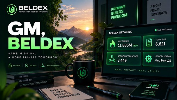 A promotional banner for the cryptocurrency "BELDEX" with the headline "GM, BELDEX" and "SAME MISSION. A MORE PRIVATE TOMORROW.", displaying a laptop with network stats including "BDX BURNED 11.885M BDX", "TOTAL BNS 6,621", "ACTIVE MASTERNODES 3,449", and "NETWORK VERSION Hard Fork v21".