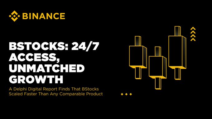 A Binance promotional banner with yellow text on black background reading 'BSTOCKS: 24/7 ACCESS, UNMATCHED GROWTH' and 'A Delphi Digital Report Finds That BStocks Scaled Faster Than Any Comparable Product'.