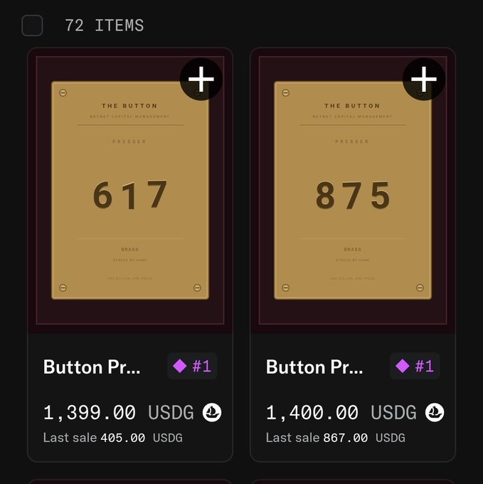 NFT marketplace listing showing '72 ITEMS' with two 'THE BUTTON' brass NFTs (#617 and #875) priced at '1,399.00 USDG' and '1,400.00 USDG' respectively.
