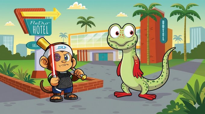 The image features two cartoon characters - a monkey holding a baseball bat and a lizard standing next to him. The background of the image shows an urban setting with buildings and palm trees. There are also some text elements, such as the words "SportsMonkNFT" and "@veefriends These two just look right together", which may be related to the cartoon characters or the post itself.