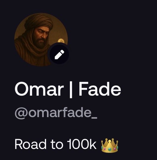 A Twitter profile screenshot shows the account 'Omar | Fade' (@omarfade_) with a profile picture of a man in a turban, and the caption 'Road to 100K 👑'.