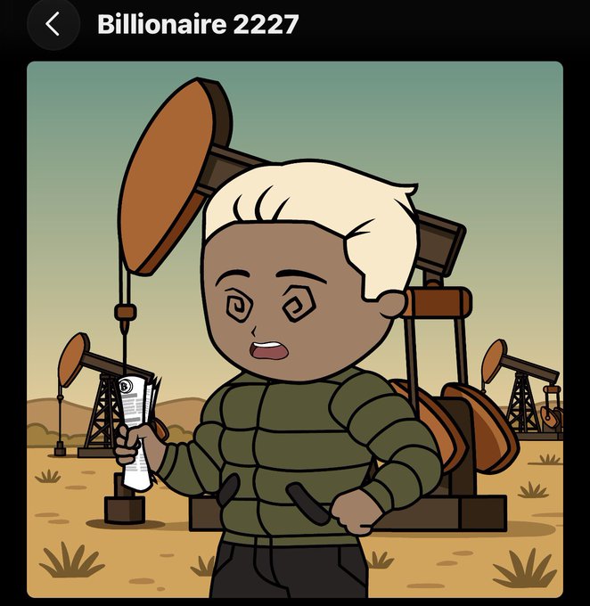 A cartoon character titled 'Billionaire 2227' holding a document, standing in a desert setting with oil pump jacks in the background.